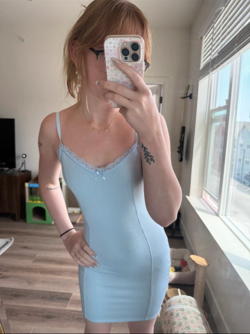 Women’s Lace-Trim Ribbed Slip Dress - Light Blue